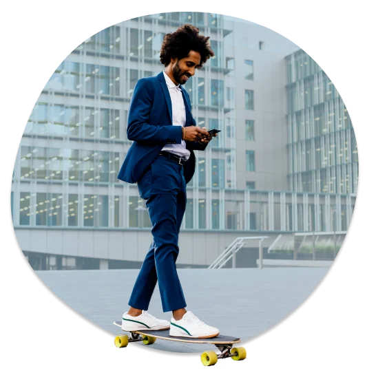 man on a skate board while using a nobotel sim in his mobile