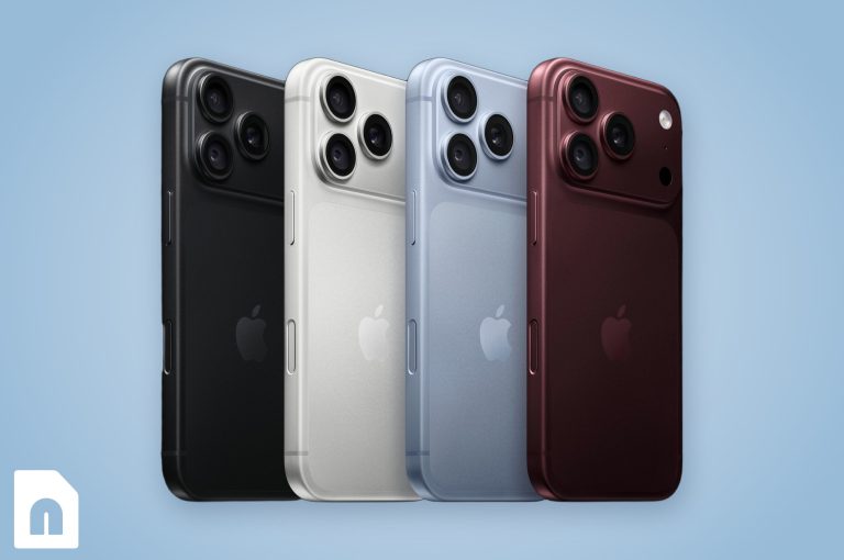 iPhone 18 Pro in zwart, zilver, glacier en bordeauxrood op een lichtblauwe achtergrond met het nobotel-logo