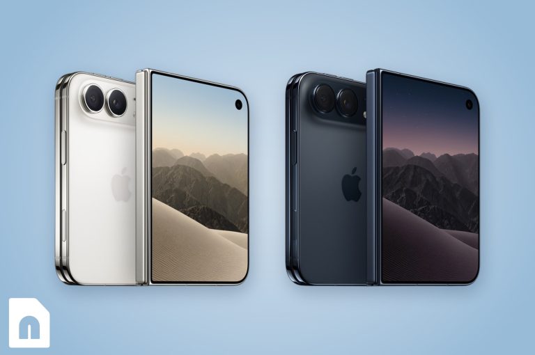 iPhone Duo in sterrenwit en nachthemel, half opengevouwen op een lichtblauwe achtergrond met het nobotel-logo